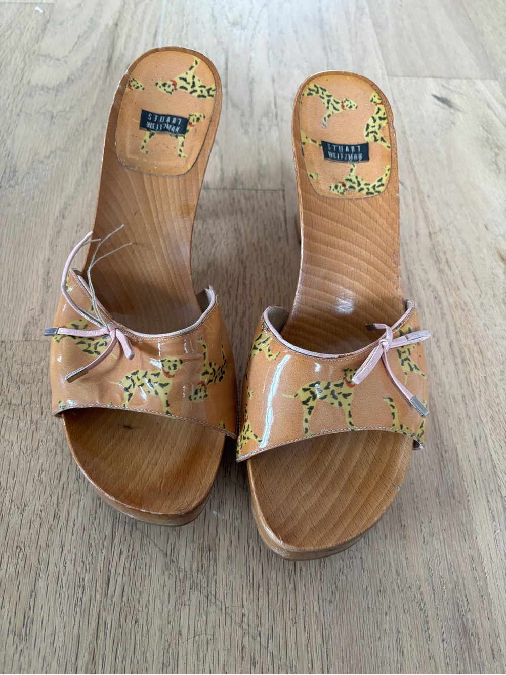 Vintage Stuart Weitzman Dalmatian Print Wooden Wedge Mules